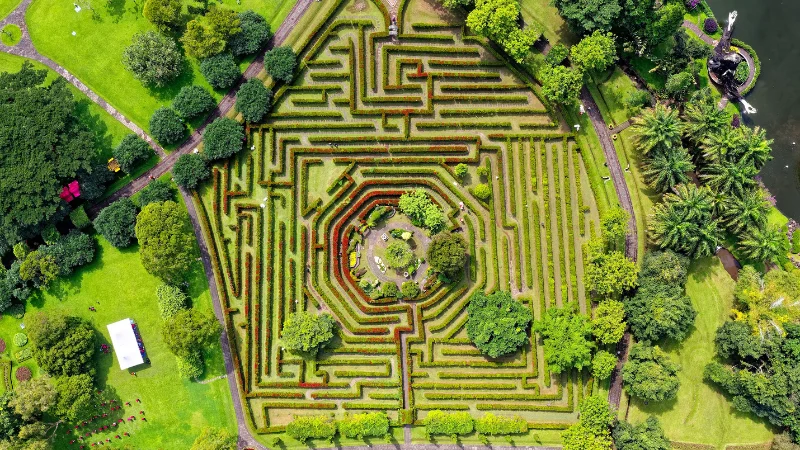 Outdoor turf maze with grassy pathways