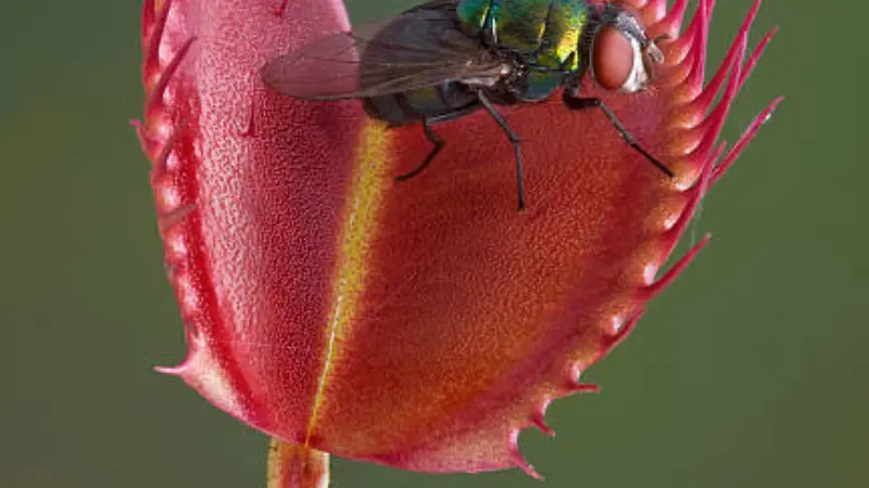 Green fly sitting on the inner surface of a bright red Venus flytrap flower trap