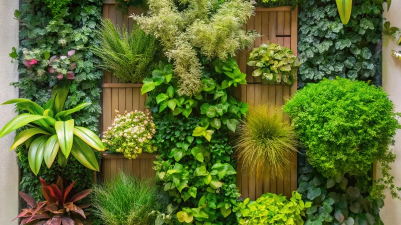 Outdoor vertical garden with climbing plants