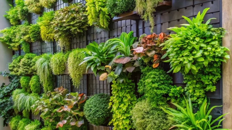 Green wall garden with lush plants