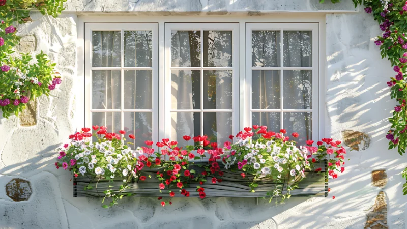 Window box with fresh herbs and plants