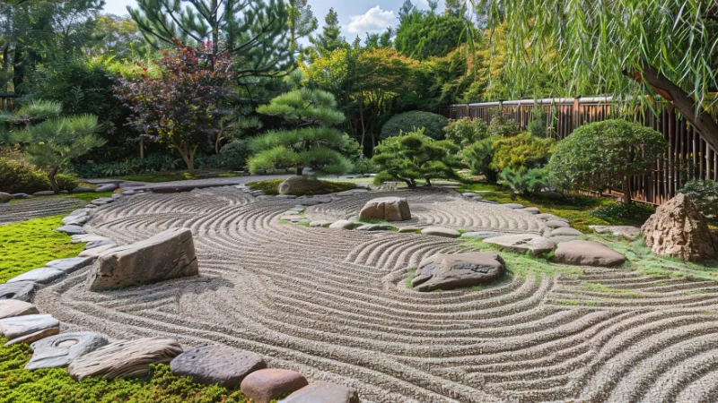 Zen garden with water feature and plants