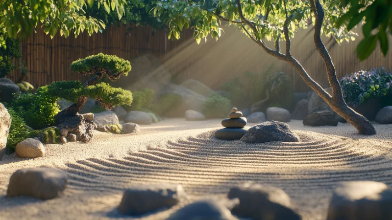Scenic Zen garden with rocks and greenery