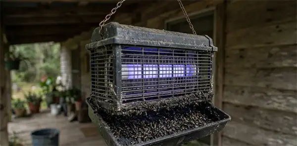 A bug zapper hanging on a porch with dead insects collected in its tray.