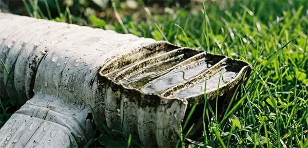 A corrugated downspout extension lying in grass with water pooled in its ridges.