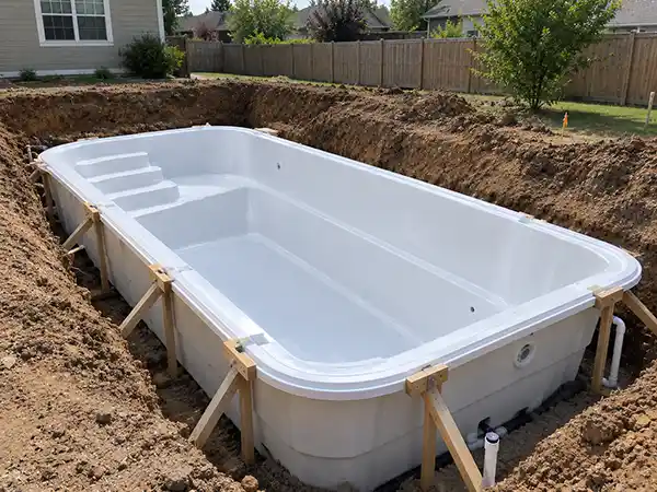 A fiberglass pool shell freshly set into an excavated hole, braced on the sides, with no water or decking yet.