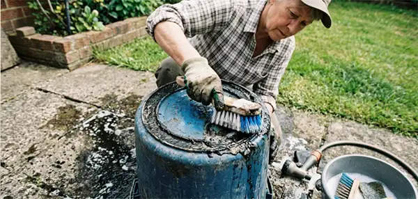 A homeowner scrubbing the inside of an upturned plastic bucket with a stiff brush.