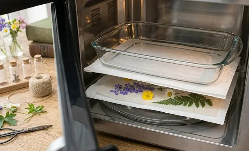 A microwave-safe dish placed over paper towels.