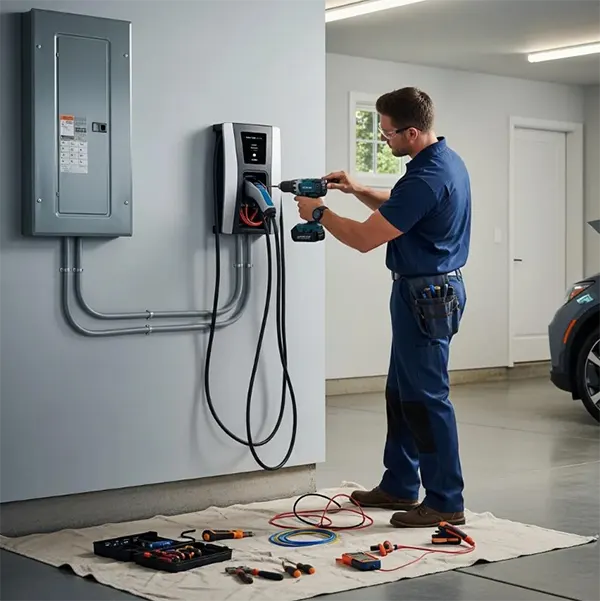 A person with their utilities repairing a Home EV charger installation