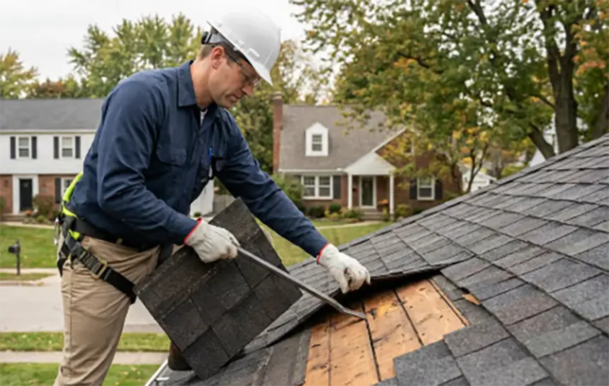 A roofer kneeling on a shingle slope, lifting a shingle edge by hand to inspect underneath.