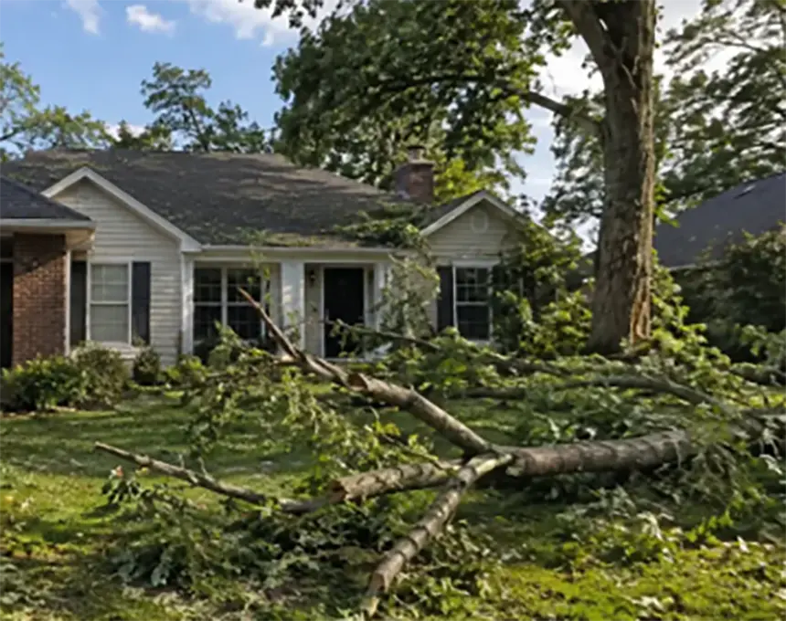 A suburban roof photographed the morning after a storm, with a fallen branch in the yard below.