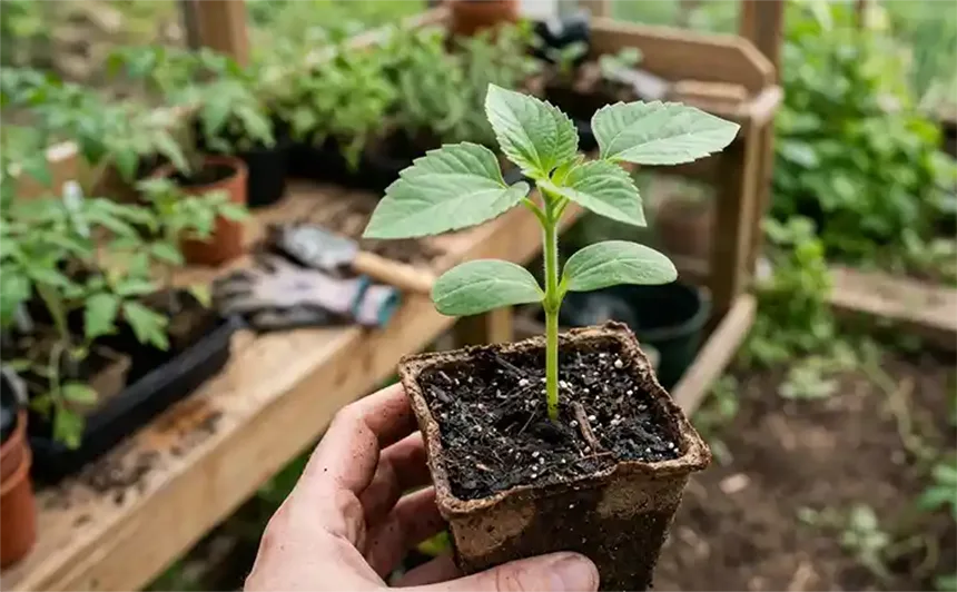 A sunflower seedling in a container.