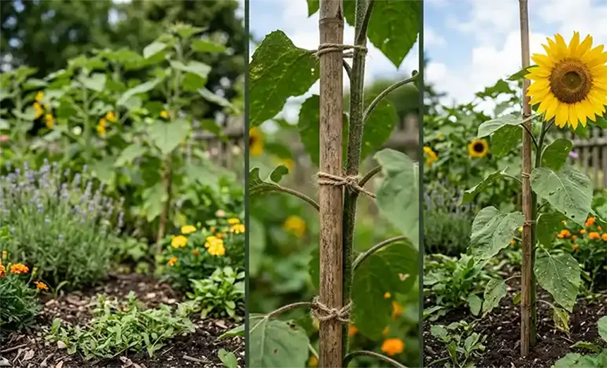A sunflower stalk being supported by a bamboo stick.
