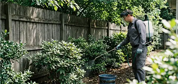 A technician with a backpack sprayer treating shaded shrubs along a fence line.