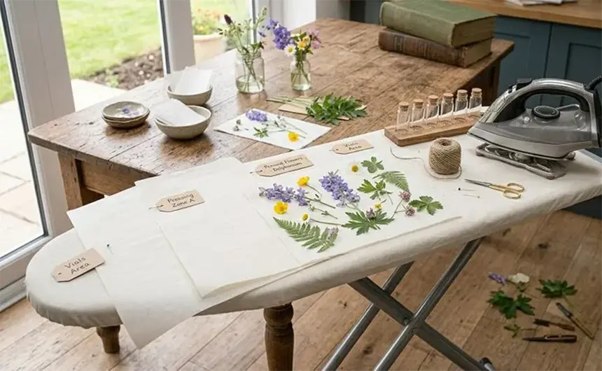 Arrangement of flowers on an ironing board.