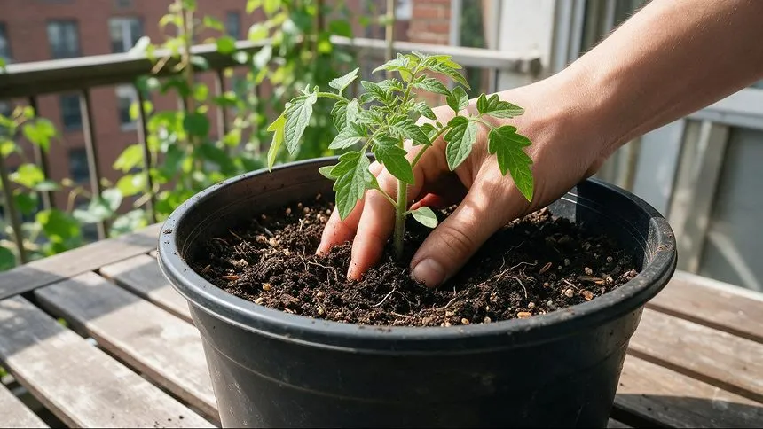 Burying tomato seedling