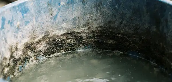 Close-up of the inside wall of a bucket showing a dark band above the waterline.
