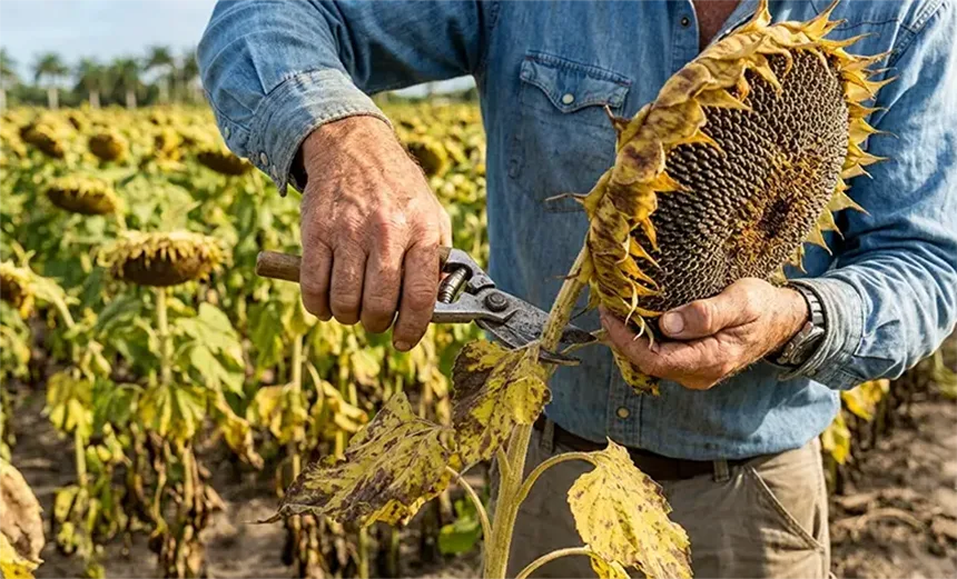 Cutting a sunflower stalk.