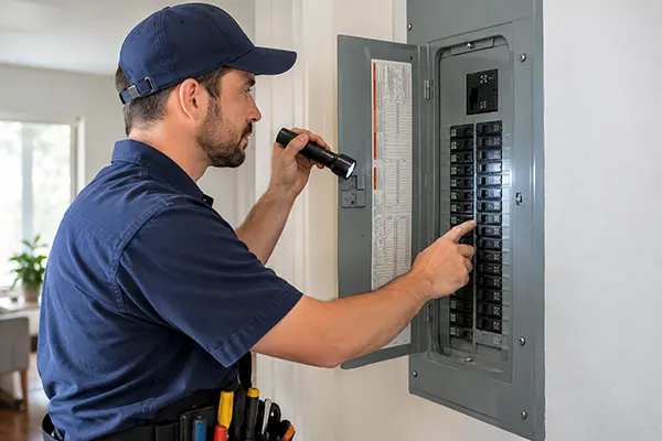 Electrician inspecting a home electrical panel during routine residential service