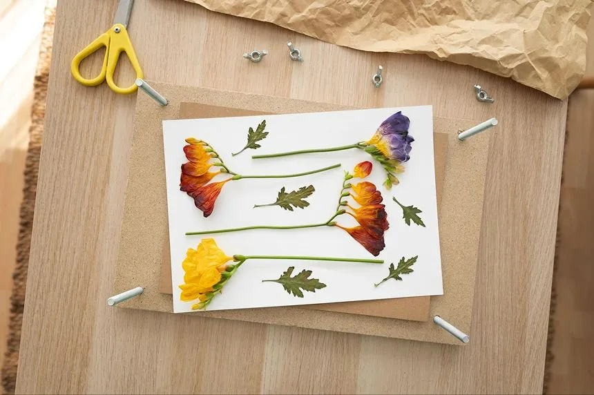 Flattened flowers on the board after 2-3 weeks of pressing.