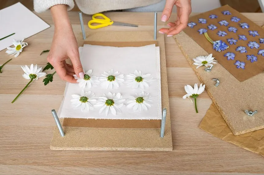 Flowers arranged facing downwards on a parchment paper.