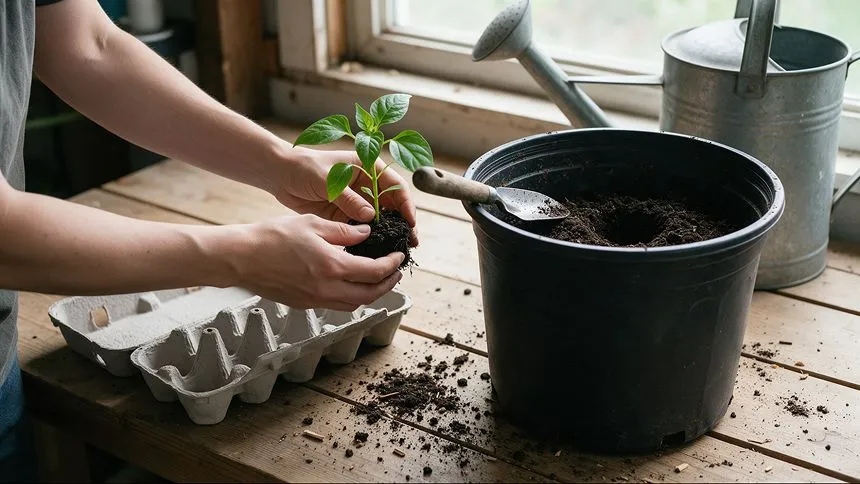 Planting seedling in larger pot