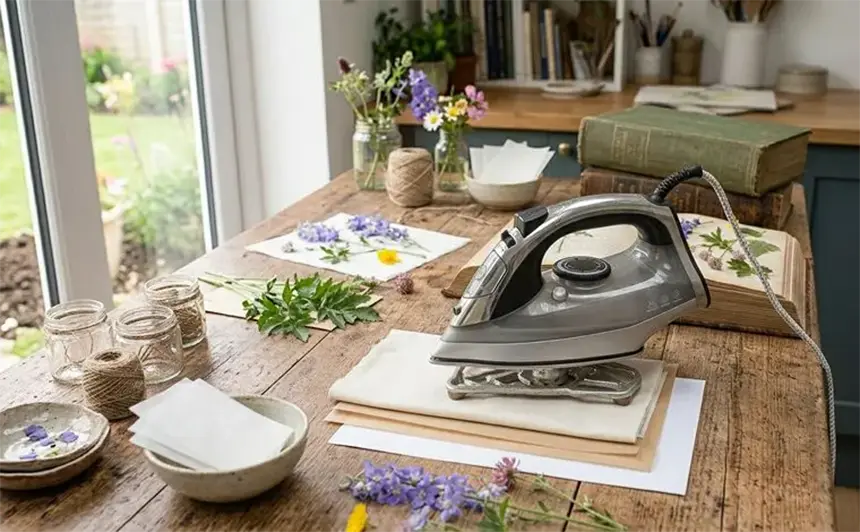 Prepping the iron to press flowerss