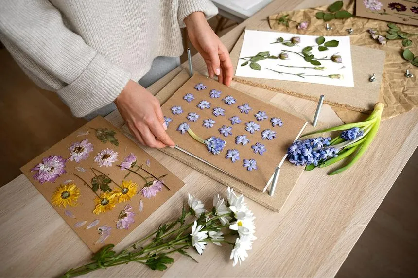 Pressed flowers in a frame.