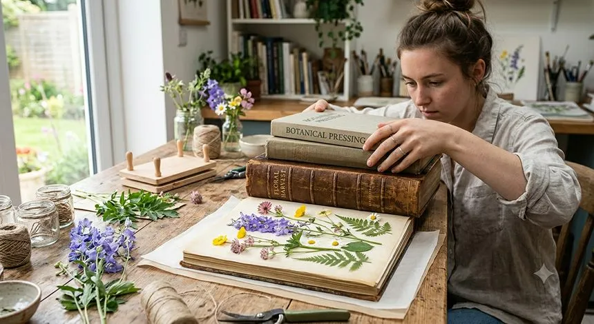 Pressing flowers using a heavy book