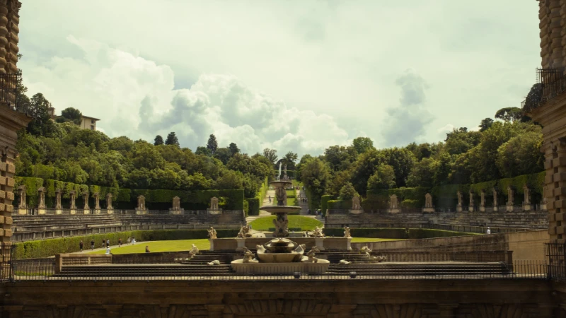 Geometric hedge garden with ornamental fountain