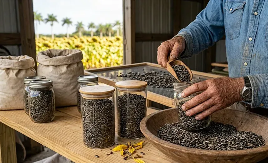 Storing sunflower seeds in a jar.