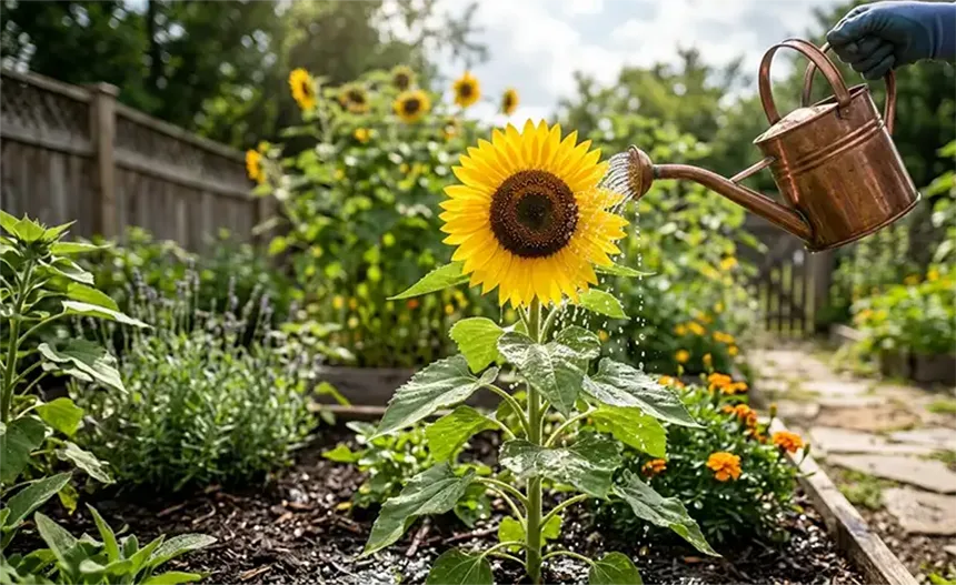 Watering a sunflower.