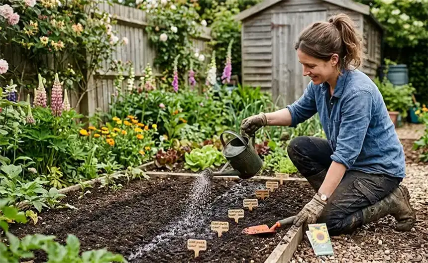 Watering sunflower seeds.