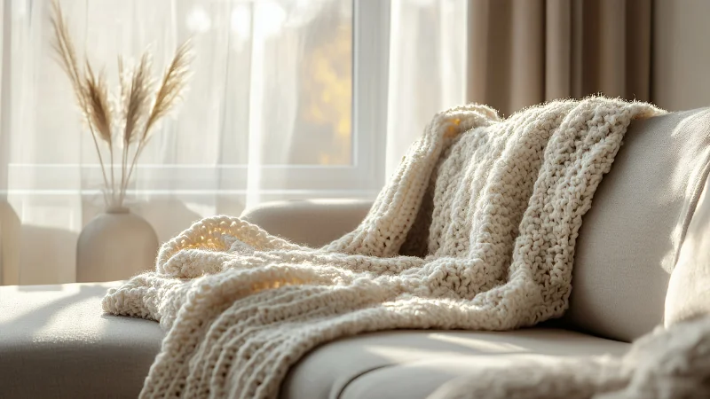 Beige Knitted Throw Blanket styled on a chair