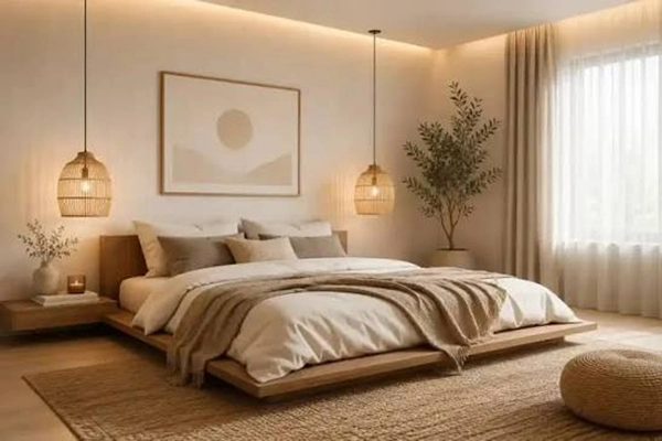 A functional and aesthetic bedroom that is adaptable for different seasons.