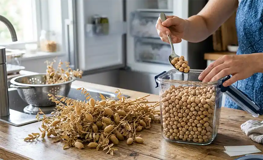 Chickpeas getting stored in an airtight container