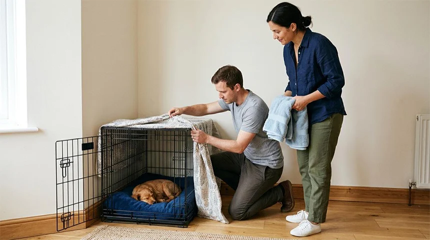 Couple draping a light blanket over a wire crate where a puppy sleeps on a soft bed