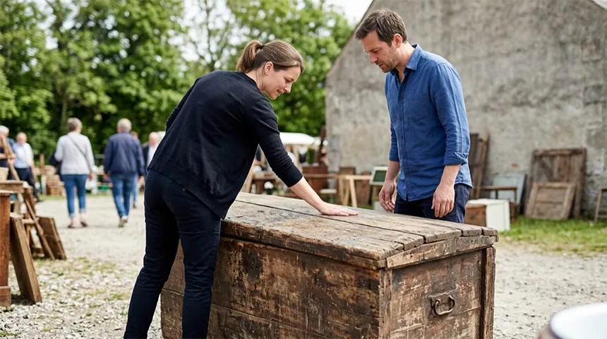 Couple examining a worn reclaimed wooden trunk at an outdoor flea market