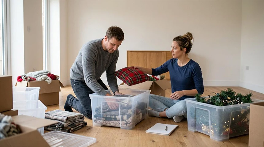 Couple packing blankets and seasonal decorations into clear storage bins on the floor