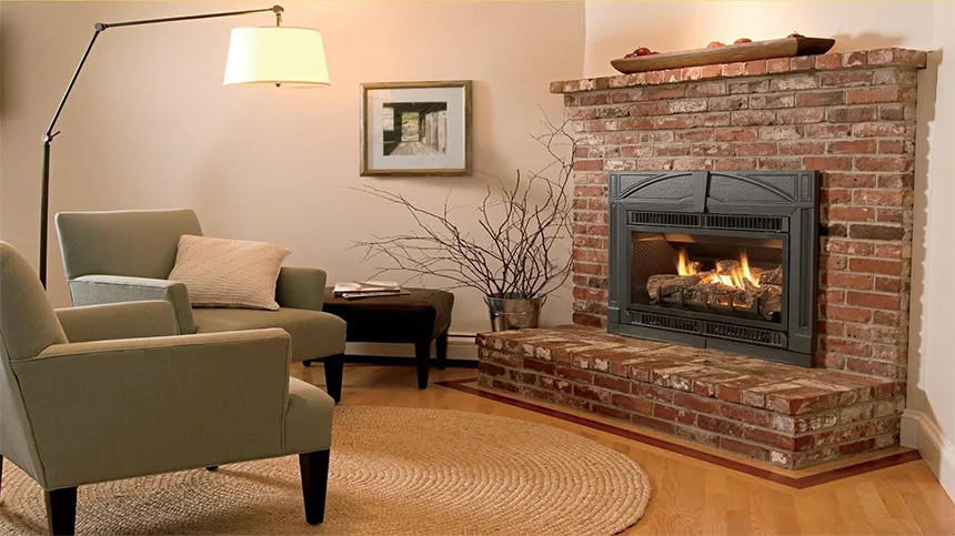 Display an older fireplace that is replaced by the same style of fireplace after fitting the modern gas insert