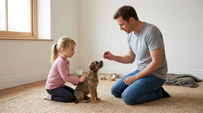 Father and young daughter on living room rug teaching a puppy to sit