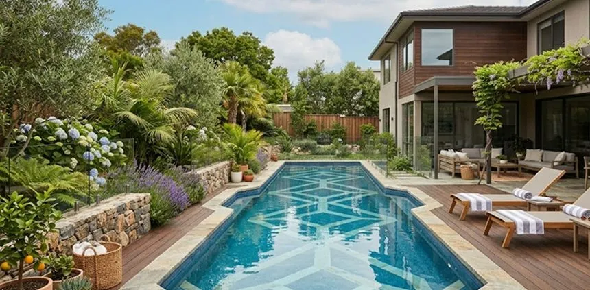 Geometric rectangular pool in a corner yard
