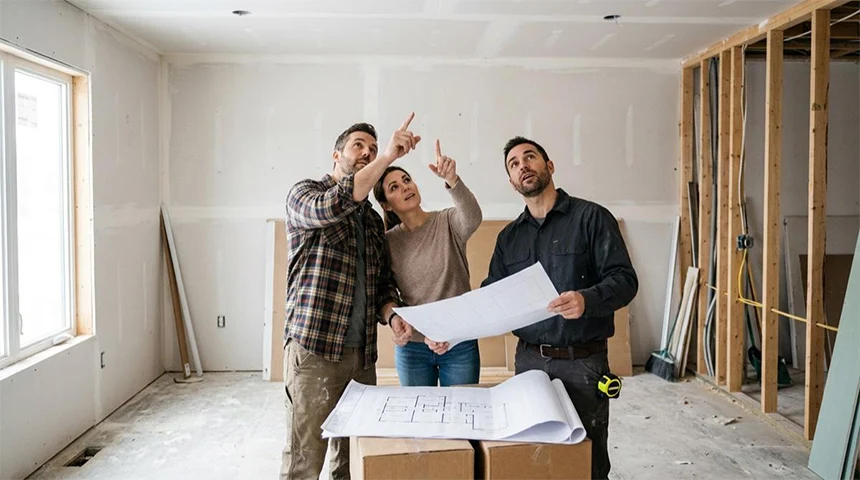 Homeowner couple and contractor reviewing a floor plan in a room under renovation