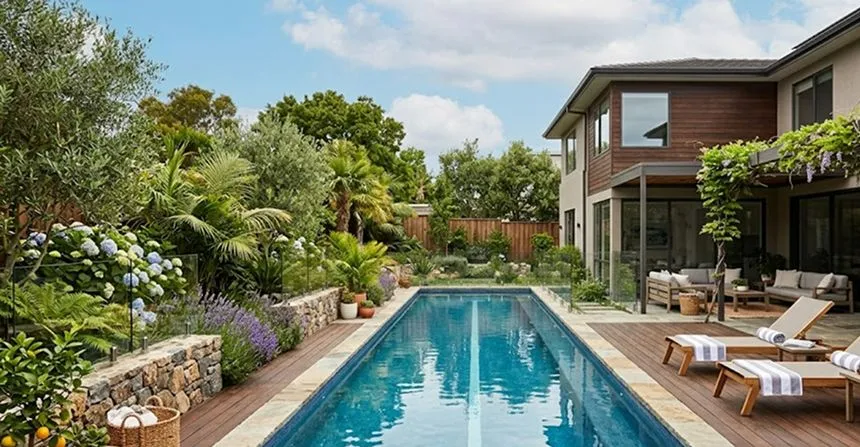 Narrow lap pool along a fence line