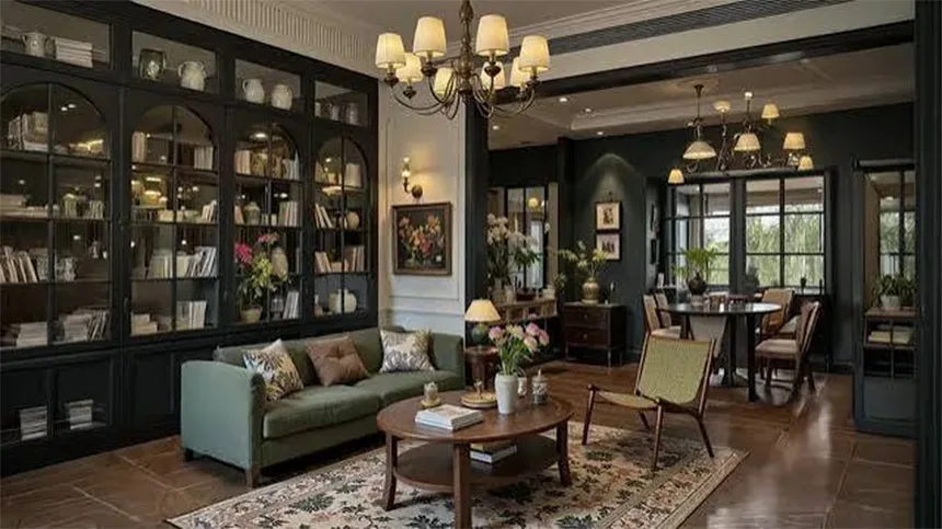 Old-world room with earthy colors and warm lights