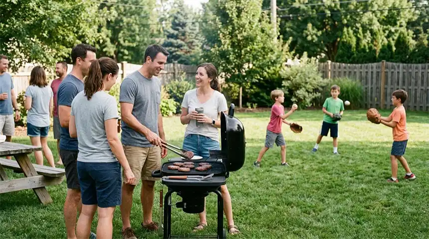 Parents chatting at a backyard grill while children play catch on the lawn behind them