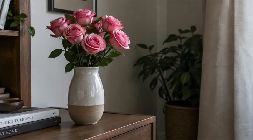 Rose flower vase away from sunlight