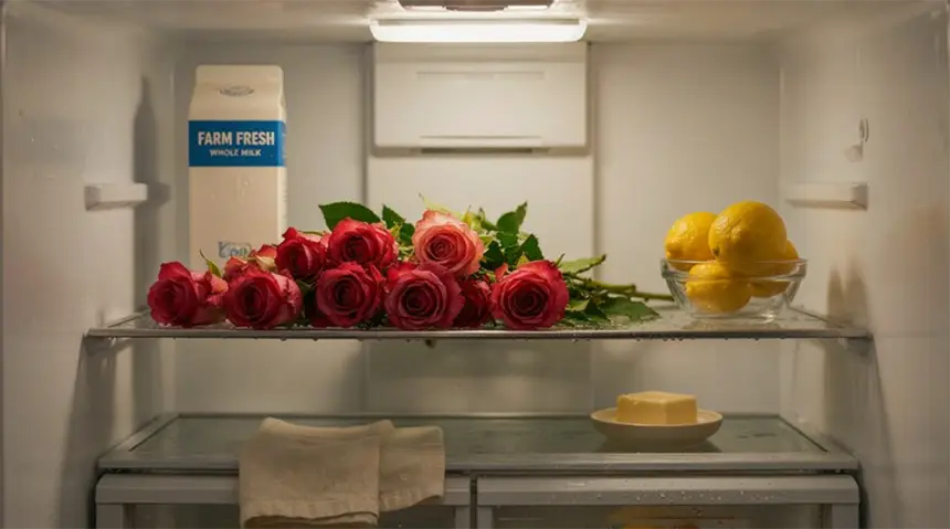 Rose flowers kept inside the fridge