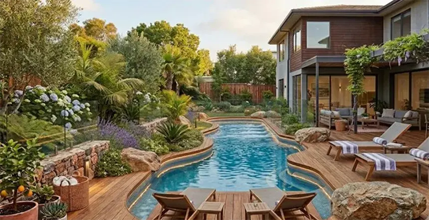 Small backyard swimming pool with decke