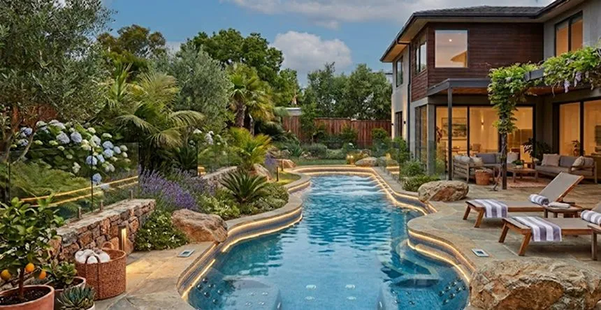 Swim spa with jets in a small yard